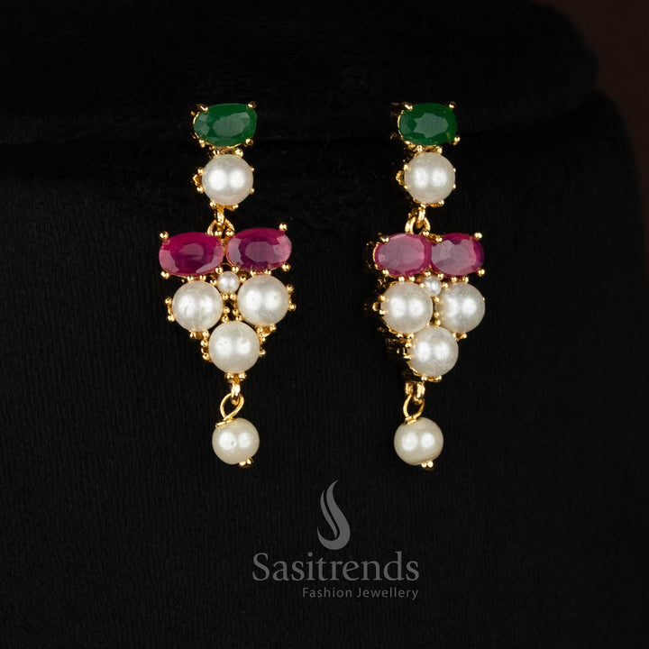 Guaranteed real gold look micro gold plated american diamond pearl fringe ruby green necklace set by Sasitrends