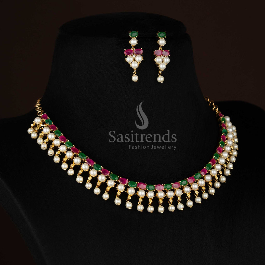 Traditional real gold look 24k micro gold plated american diamond pearl fringe ruby green necklace set by Sasitrends