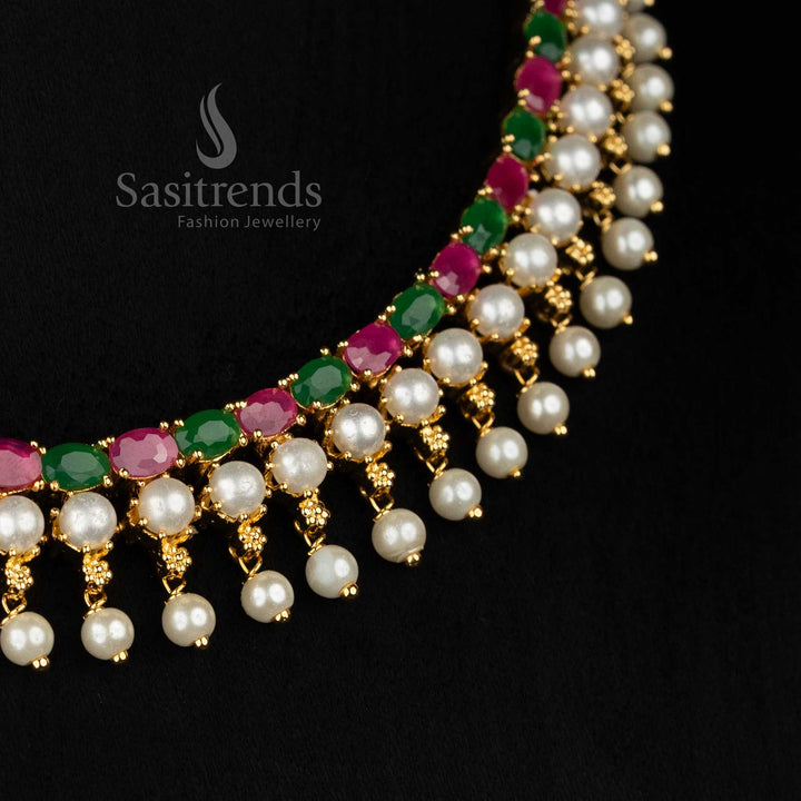 Guaranteed 24k micro gold plated american diamond pearl fringe ruby green necklace set by Sasitrends