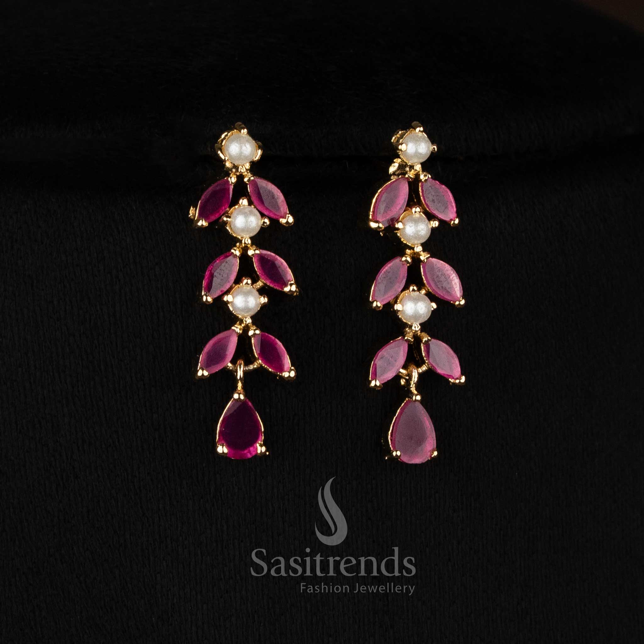 Real gold look micro gold plated american diamond pearl leaf motif ruby necklace set earrings by Sasitrends