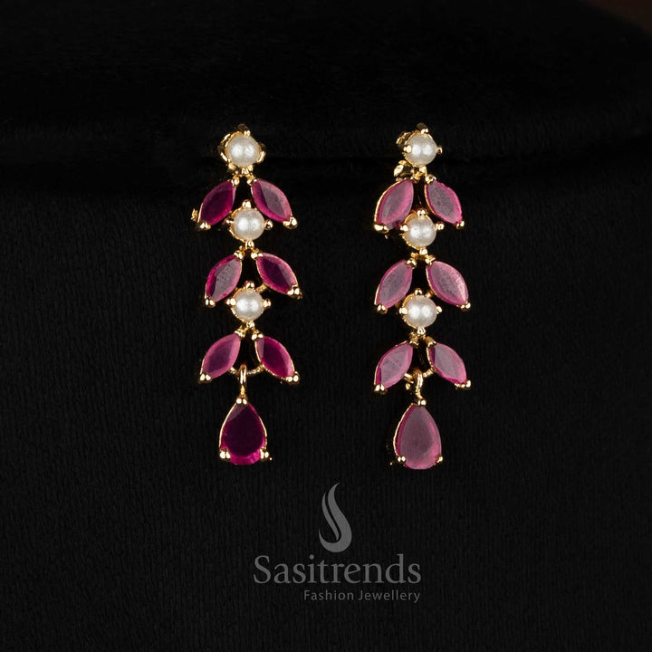 Real gold look micro gold plated american diamond pearl leaf motif ruby necklace set earrings by Sasitrends