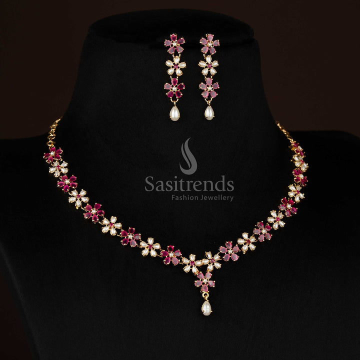 Real gold look 24k micro gold plated american diamond pearl Floral motif ruby green necklace set by Sasitrends
