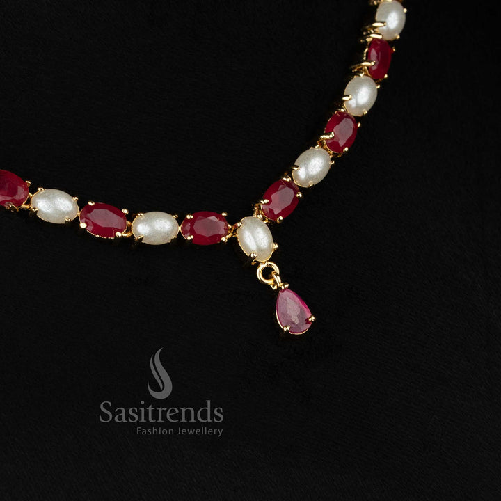 Attractive 1 gram micro gold plated american diamond pearl oval link teardrop dangler ruby necklace set by Sasitrends