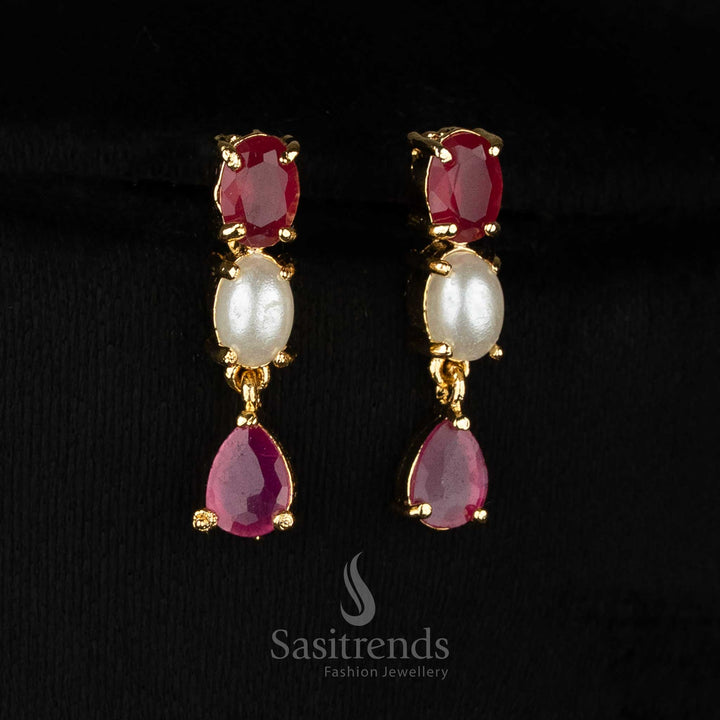 Gorgeous real godl look alike micro gold plated american diamond pearl oval link teardrop dangler ruby necklace set by Sasitrends