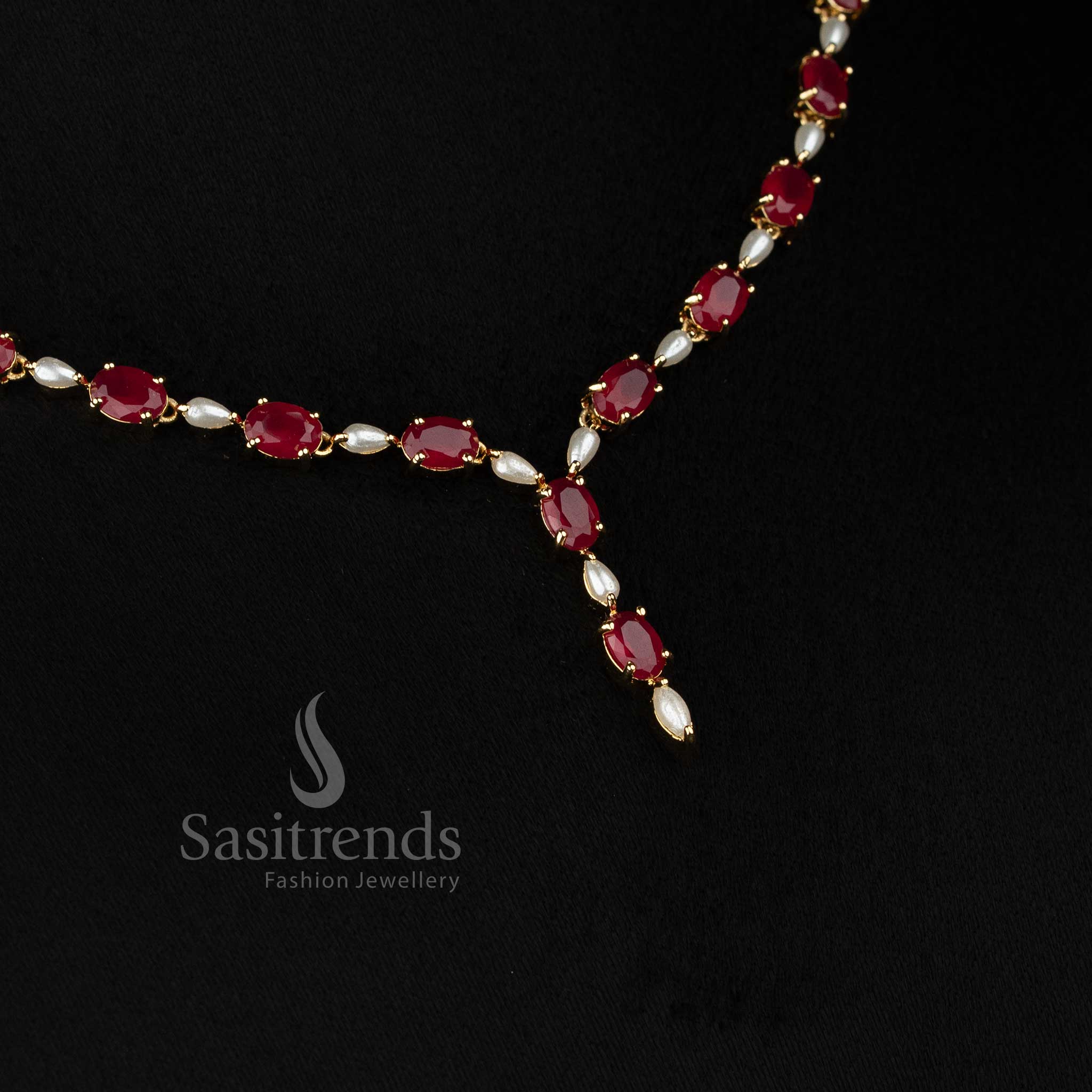 Trendy real gold look alike 24k micro gold plated oval american diamond pearl ruby necklace set by Sasitrends