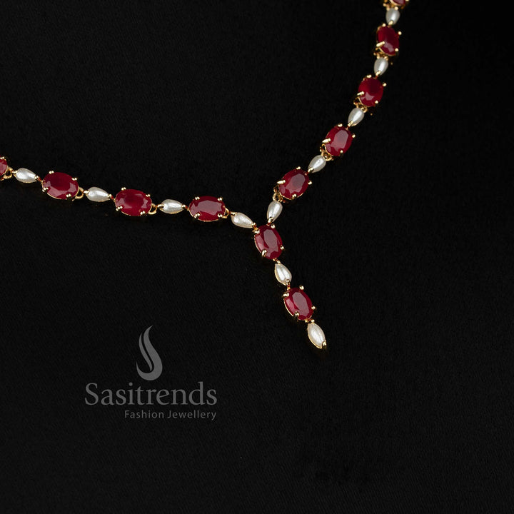 Trendy real gold look alike 24k micro gold plated oval american diamond pearl ruby necklace set by Sasitrends