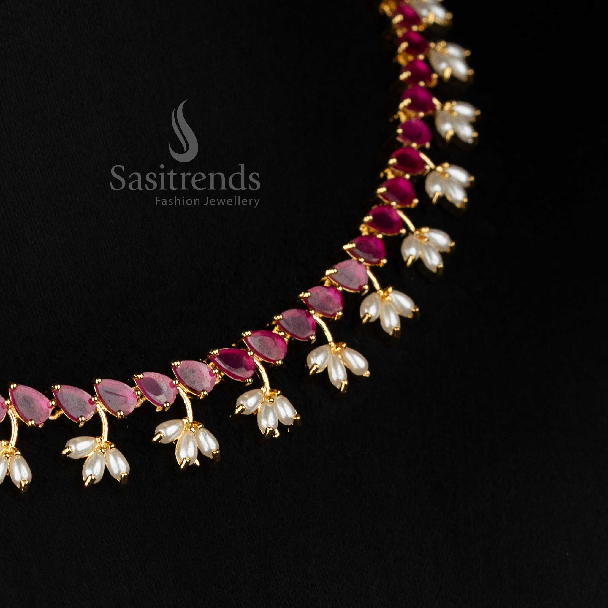Engagement wear 24k micro gold plated american diamond pearl floral link ruby necklace set by Sasitrends