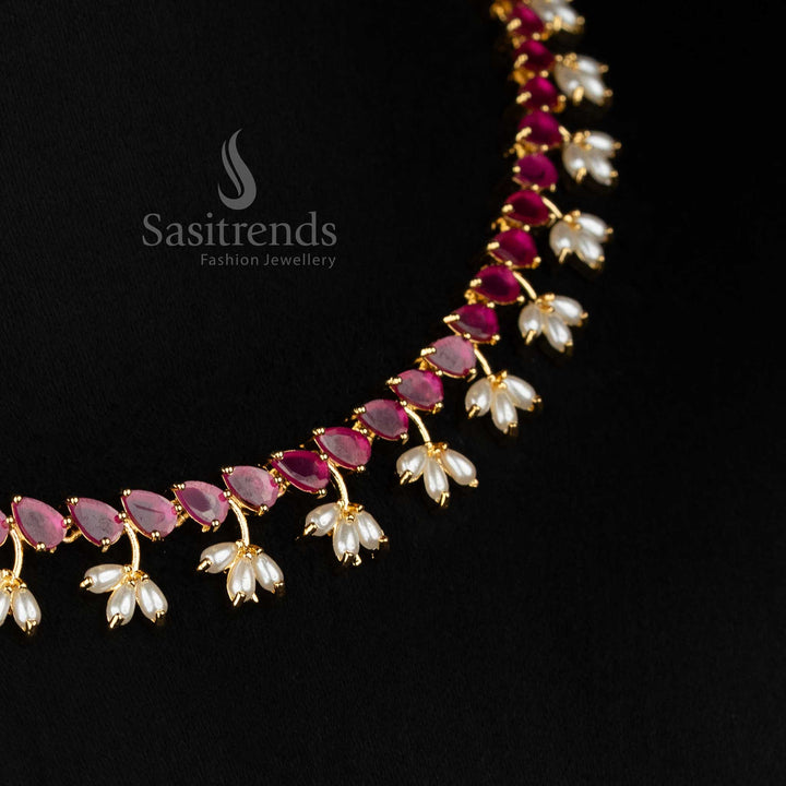 Engagement wear 24k micro gold plated american diamond pearl floral link ruby necklace set by Sasitrends