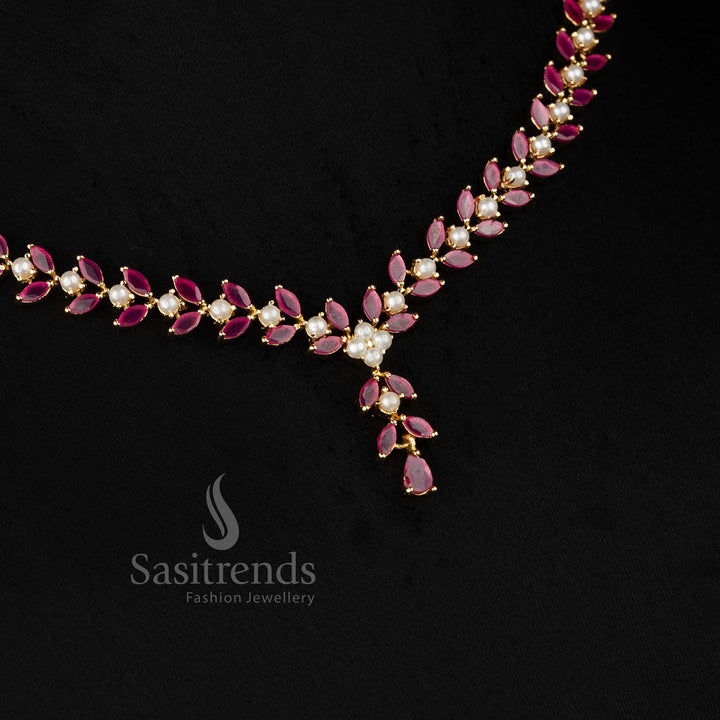 Real gold look alike 24k micro gold plated american diamond pearl leaf motif ruby necklace set by Sasitrends