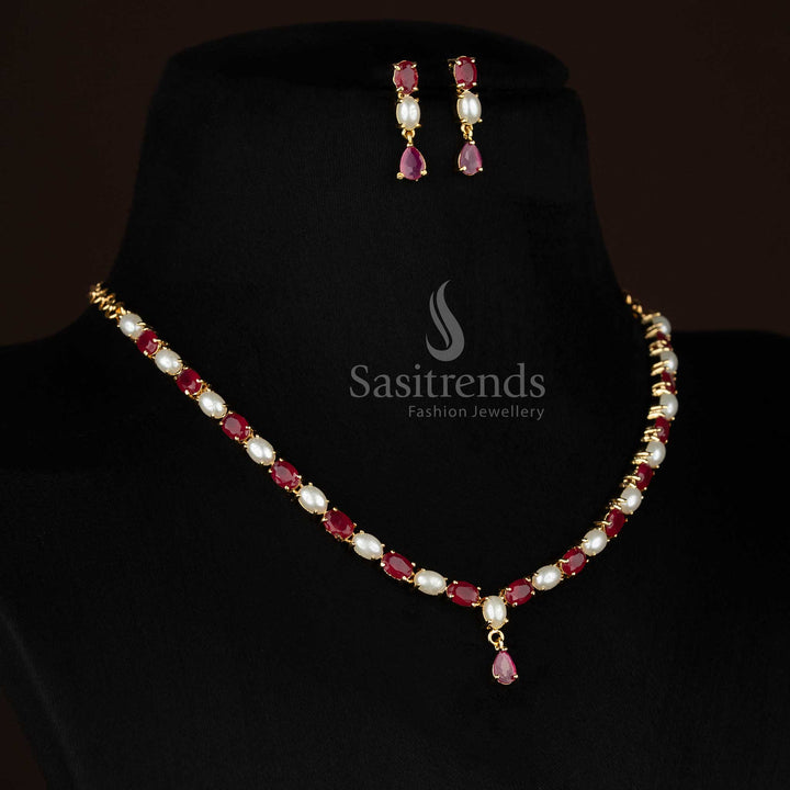 Opulent 24k Micro Gold Plated American Diamond Pearl & Oval Stone Link Necklace Jewellery Set with Tear-Drop Dangler