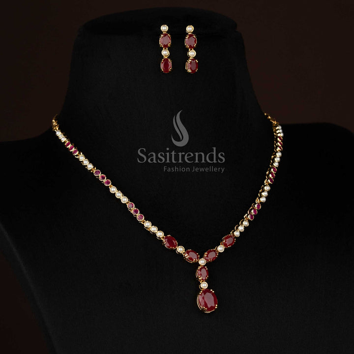 One gram micro gold plated american diamond pearl Round and Oval Teardrop motif ruby necklace set by Sasitrends, Look like real gold