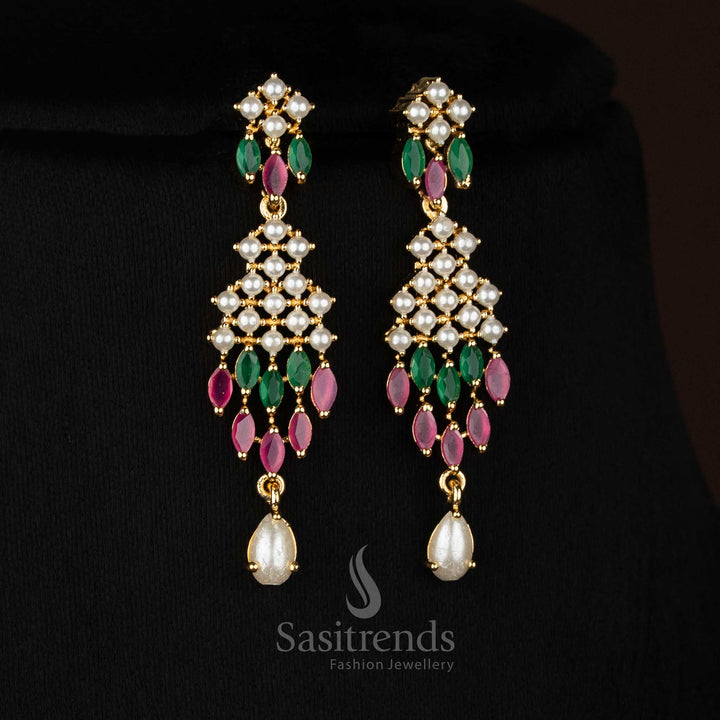 Fascinating Micro Gold Plated American Diamond Criss-Cross Necklace Jewellery Set with Teardrop Pearl Drops | Party wear Jewellery