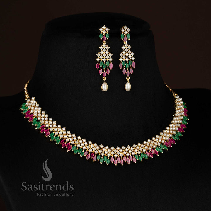 Fascinating Micro Gold Plated American Diamond Criss-Cross Necklace Jewellery Set with Teardrop Pearl Drops | Party wear Jewellery