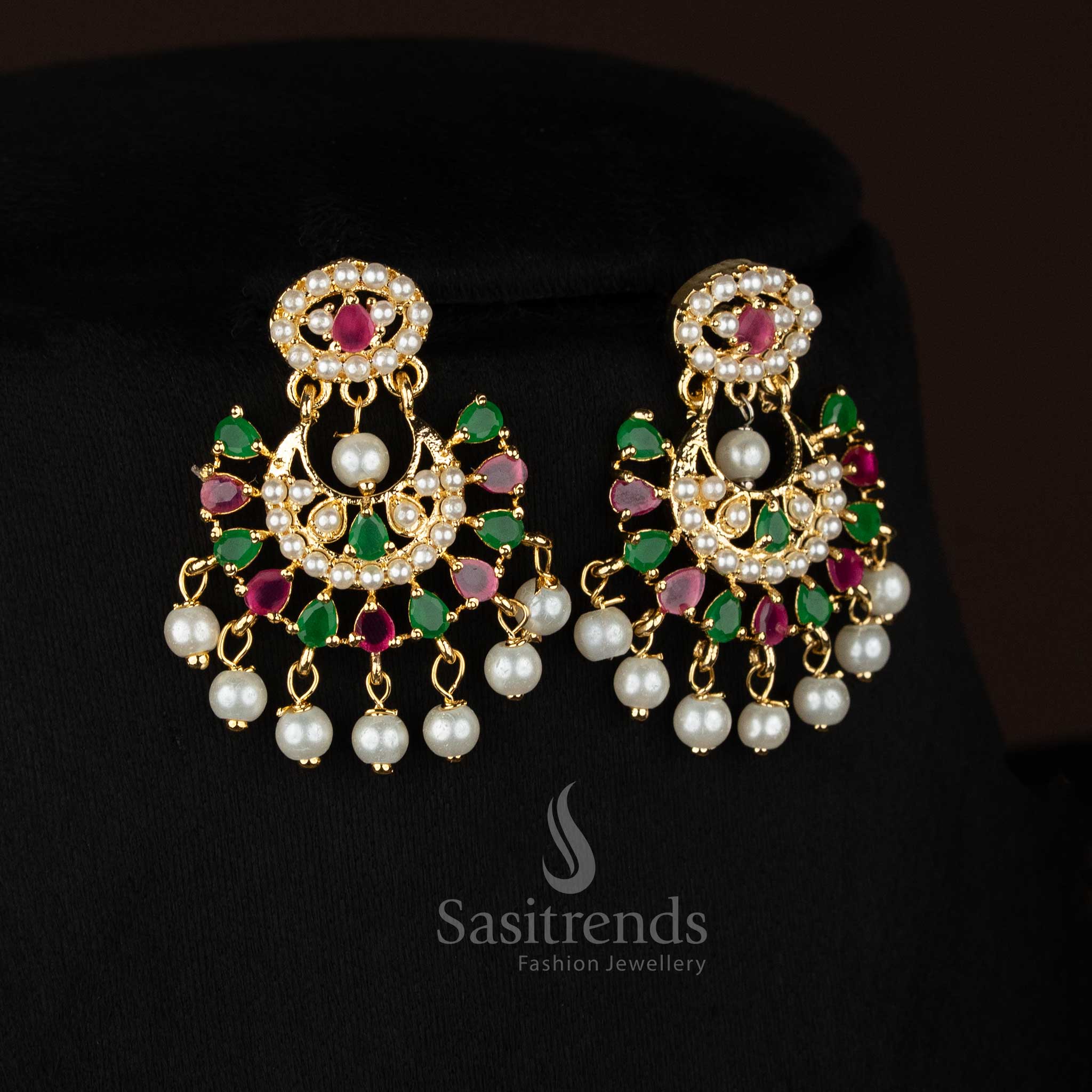 Guaranteed 24k micro gold plated american diamond pearl floral link ruby green necklace set chandabali pendant by Sasitrends