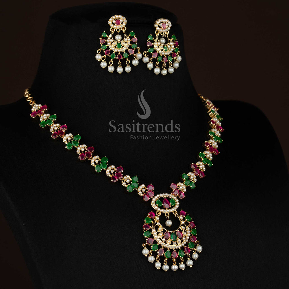 One gram micro gold plated american diamond pearl floral link ruby green necklace set chandabali pendant by Sasitrends