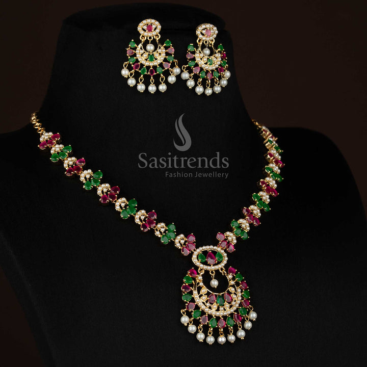 One gram micro gold plated american diamond pearl floral link ruby green necklace set chandabali pendant by Sasitrends