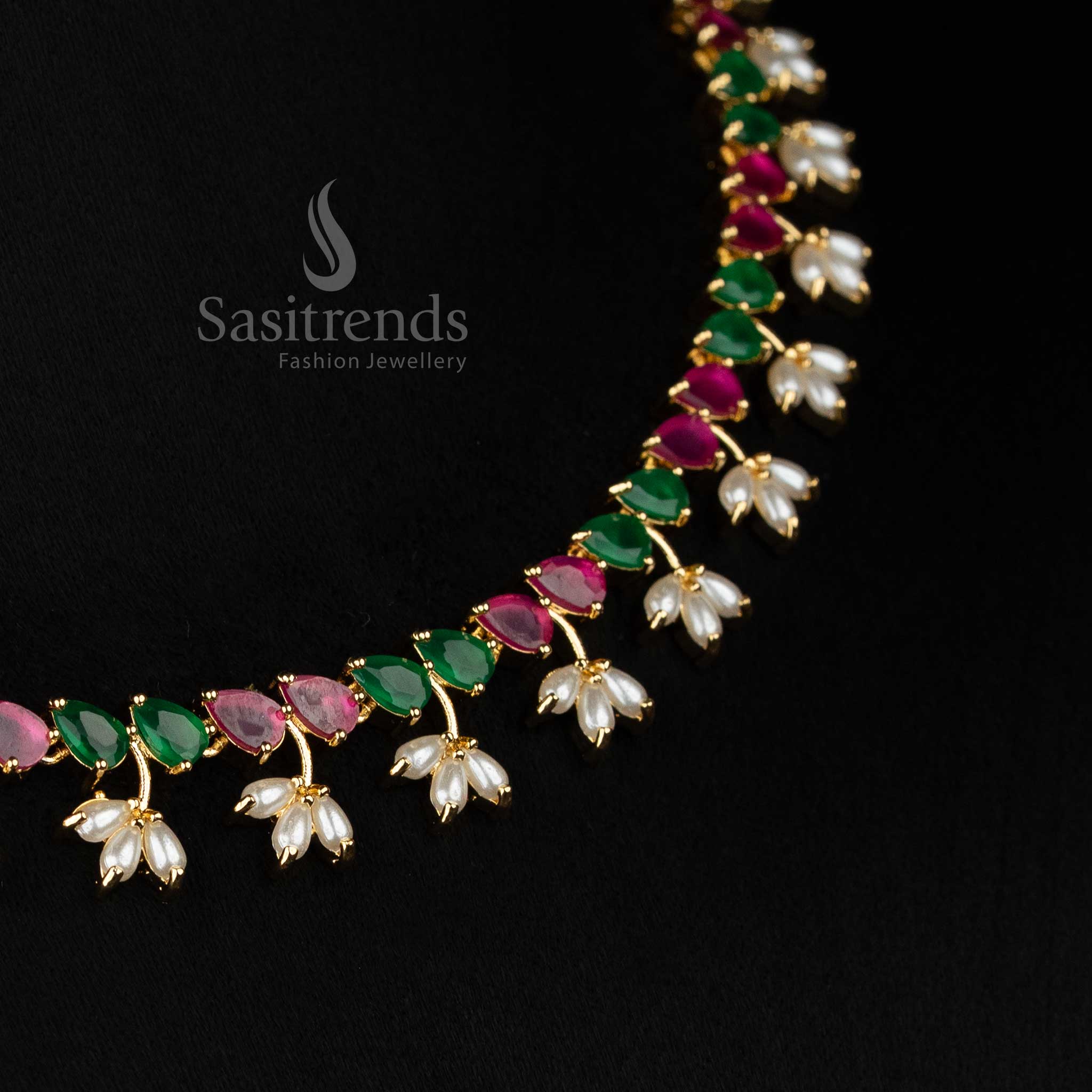 Guaranteed 24k micro gold plated american diamond pearl floral link ruby green necklace set by Sasitrends