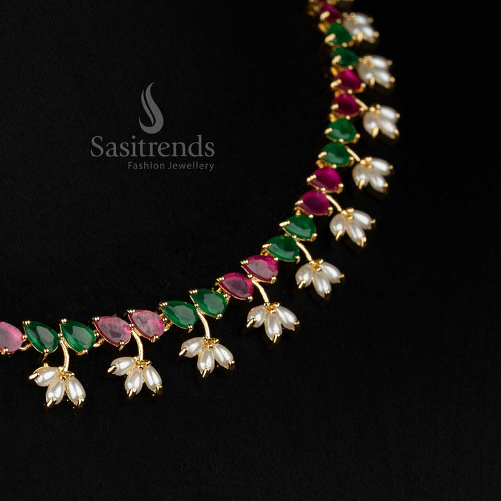 Guaranteed 24k micro gold plated american diamond pearl floral link ruby green necklace set by Sasitrends