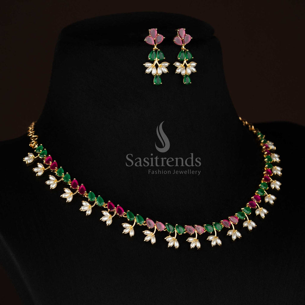 Party wear real gold look alike 24k micro gold plated american diamond pearl floral link ruby green necklace set by Sasitrends