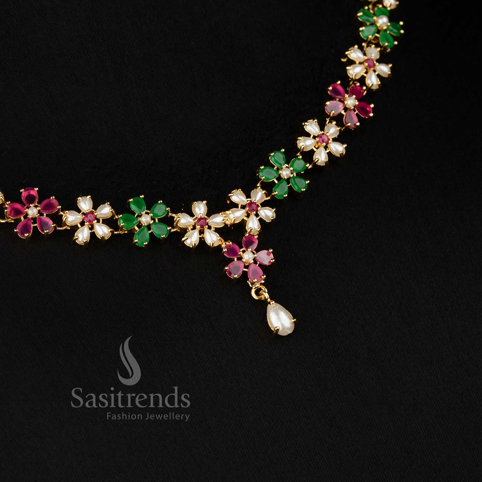 Guaranteed 24k micro gold plated american diamond pearl Floral motif ruby green necklace set by Sasitrends