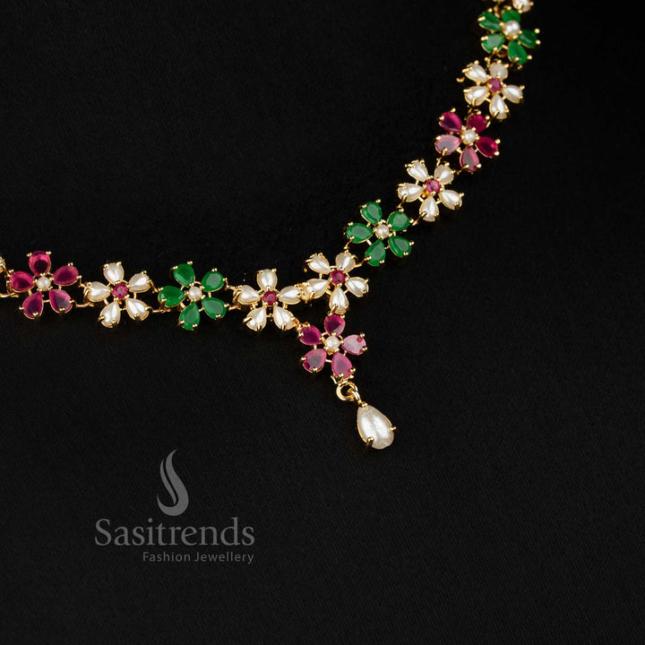 Guaranteed 24k micro gold plated american diamond pearl Floral motif ruby green necklace set by Sasitrends