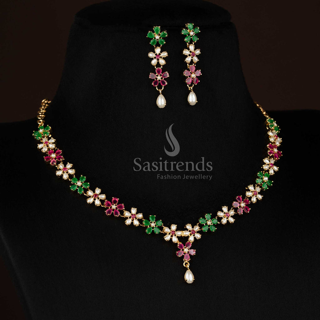 Guaranteed One Gram micro gold plated american diamond pearl Floral motif ruby green necklace set for party wear by Sasitrends