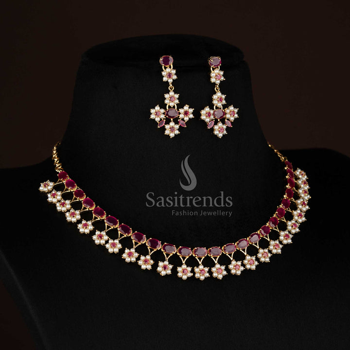 Dazzling One Gram Micro Gold Plated Floral Pearl Drop American Diamond Necklace Jewellery Set | Perfect For Engagement