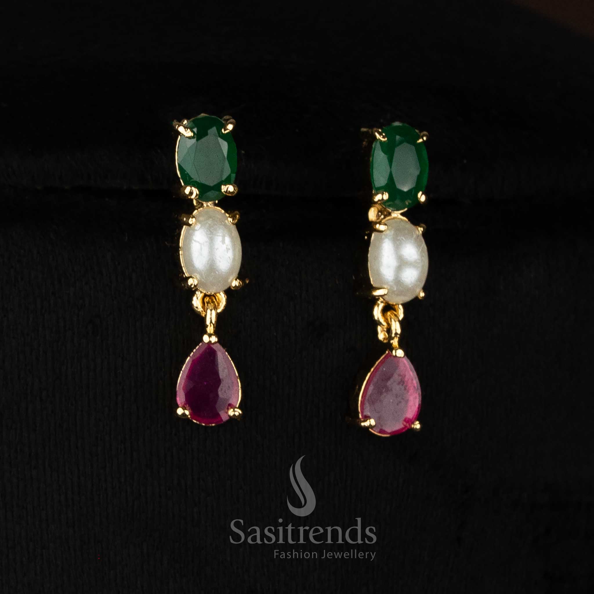 Guaranteed 24k micro gold plated american diamond pearl oval link teardrop dangler ruby green necklace set by Sasitrends