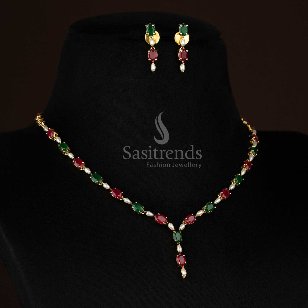 Guaranteed 24k micro gold plated oval american diamond pearl ruby green necklace set by Sasitrends