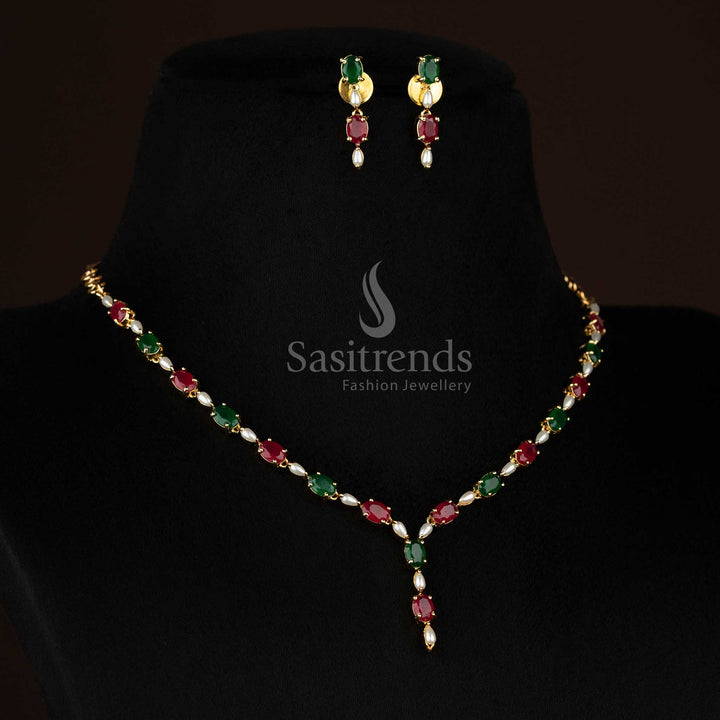 Guaranteed 24k micro gold plated oval american diamond pearl ruby green necklace set by Sasitrends