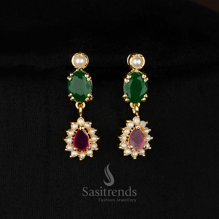 Real gold look alike 24k micro gold plated american diamond pearl Oval Teardrop motif ruby green necklace set by Sasitrends