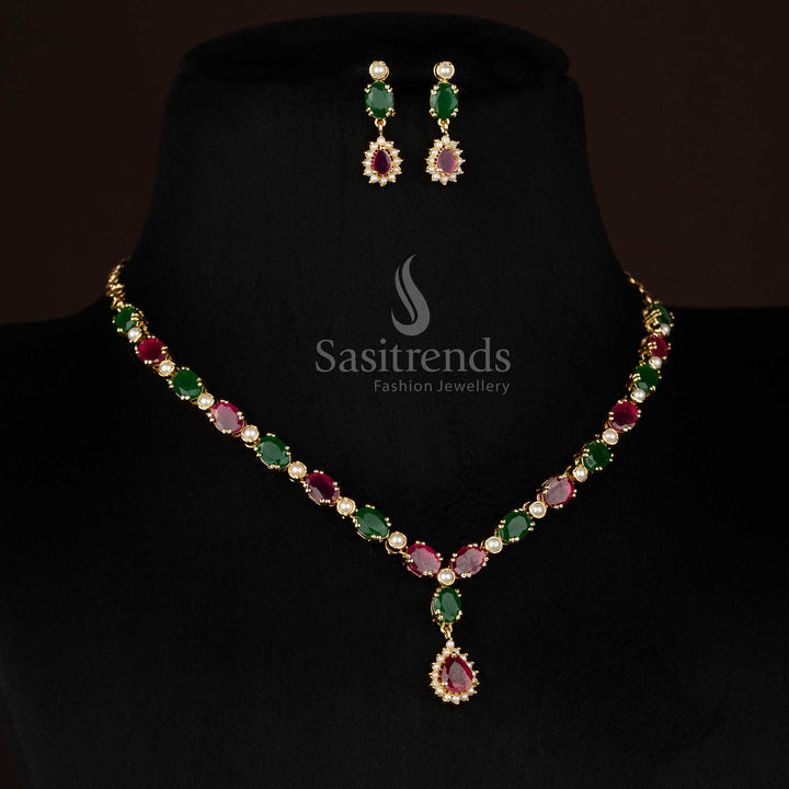 Guaranteed 24k micro gold plated american diamond pearl Oval Teardrop motif ruby green necklace set by Sasitrends