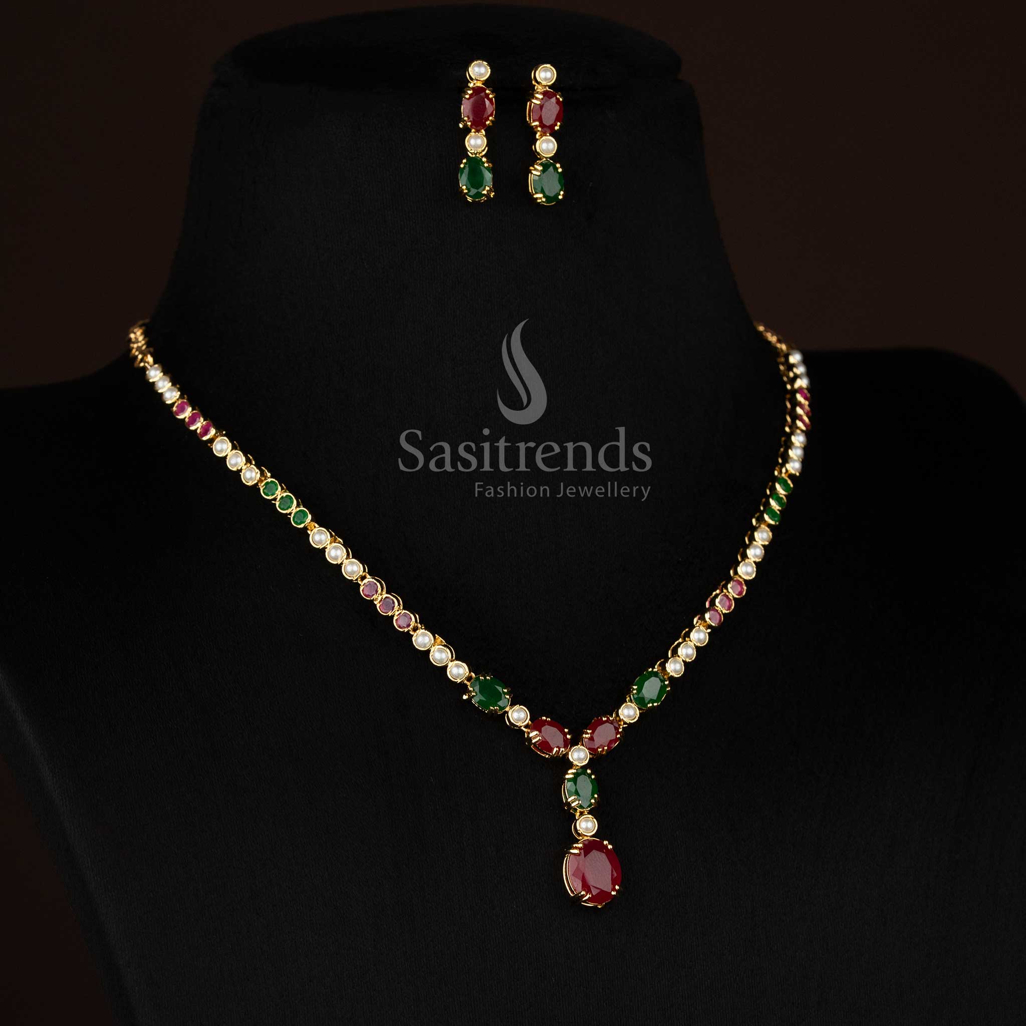 Guaranteed 24k micro gold plated american diamond pearl Round and Oval Teardrop motif ruby green necklace set by Sasitrends, Festive and special occassion wear