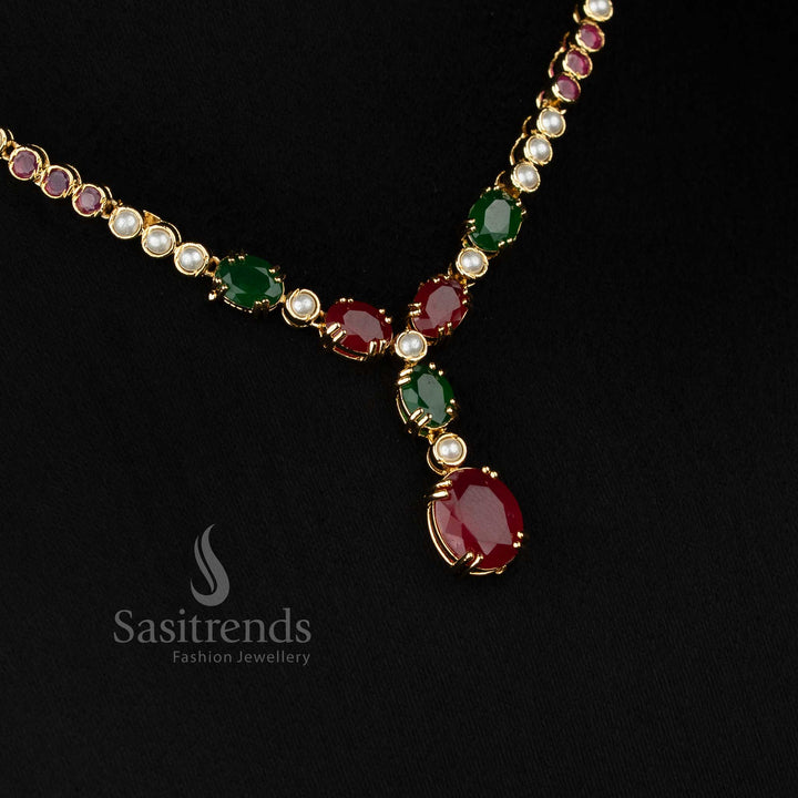 Wedding wear 24k micro gold plated american diamond pearl Round and Oval Teardrop motif ruby green necklace set by Sasitrends