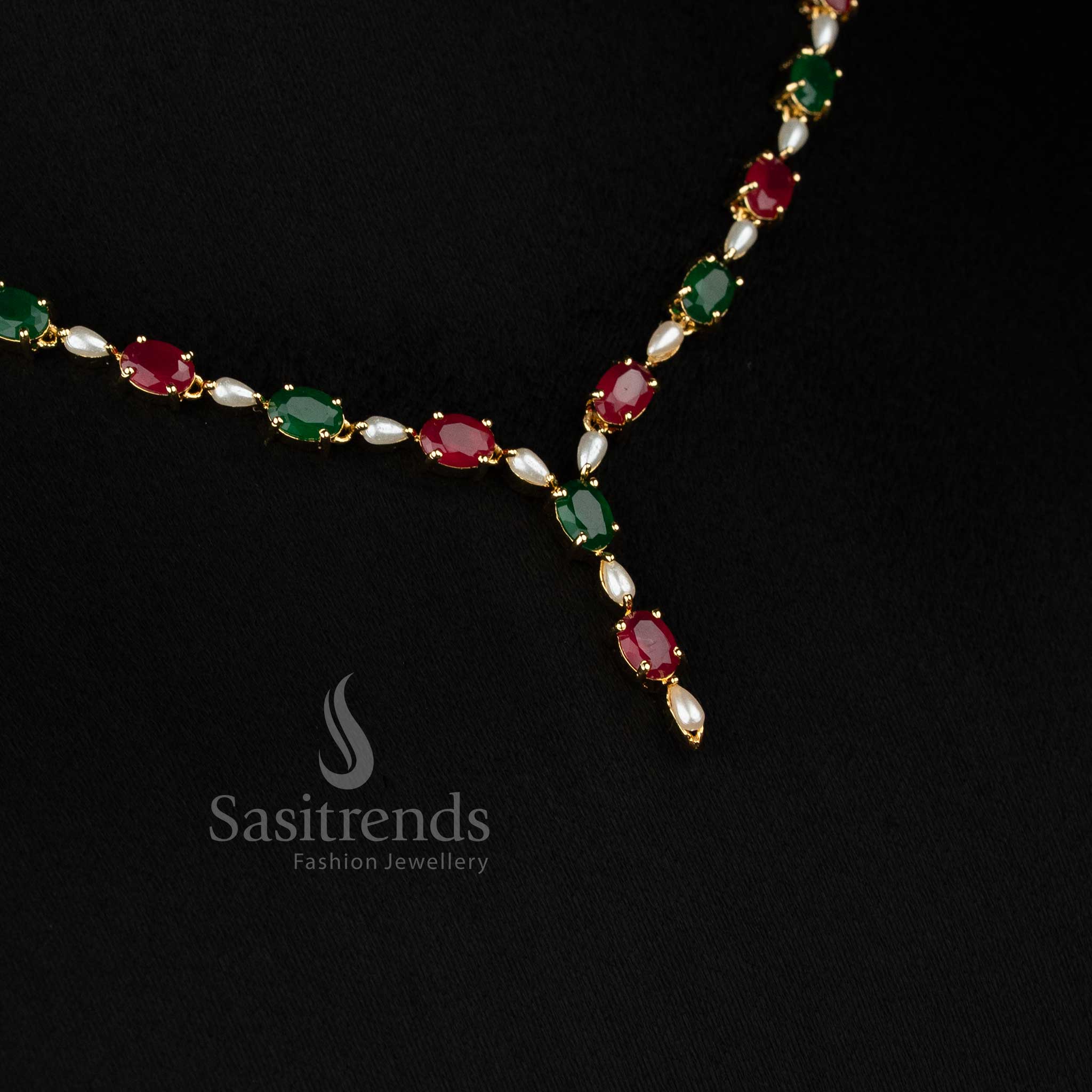 Real gold look micro gold plated oval american diamond pearl ruby green necklace set by Sasitrends