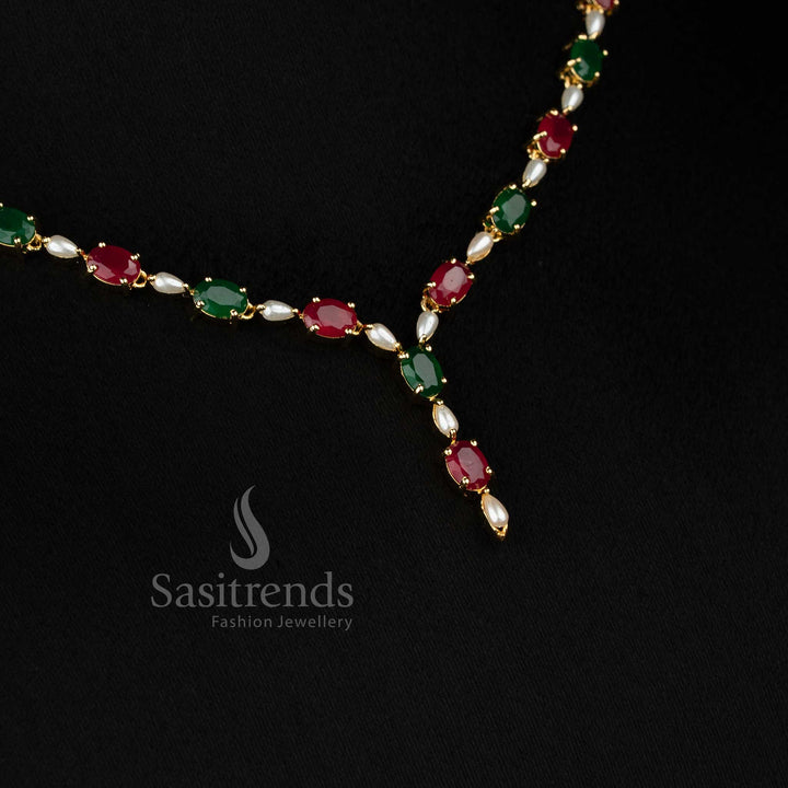 Real gold look micro gold plated oval american diamond pearl ruby green necklace set by Sasitrends