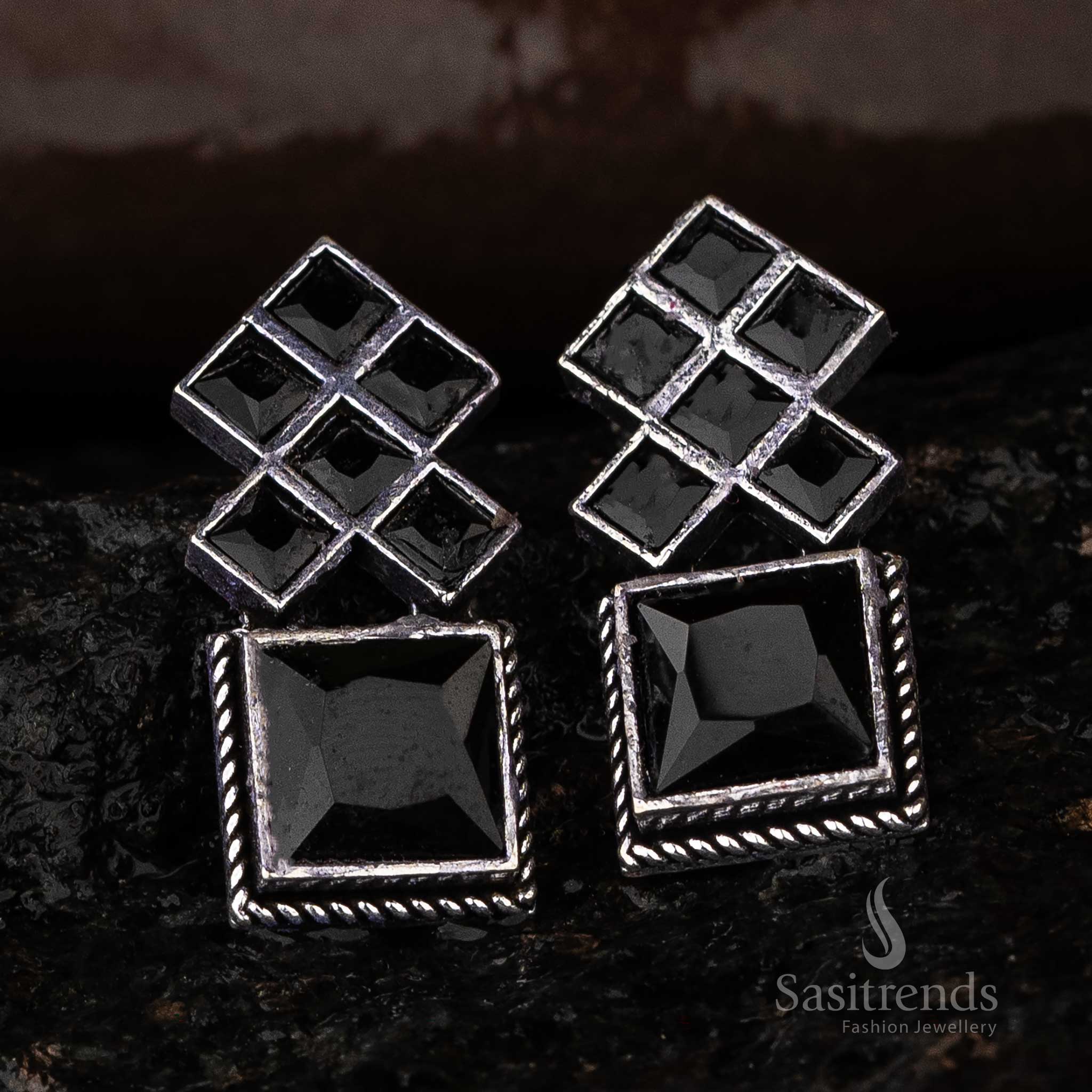 Perfect Navarathiri Special Elegance Black Oxidised Earrings Square Pattern Sasitrends 