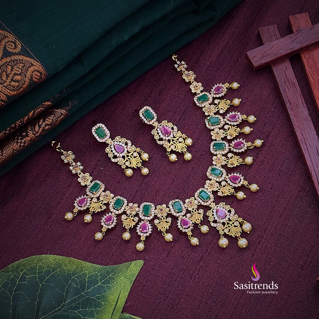 Gorgeous Bridal Wear AD Necklace Set Matte Gold Plated Jewelry