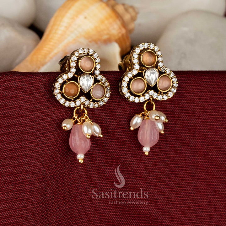 Bronze muse Victorian three-lobed studs decorated with warm pink AD accents and pearl drops for earthy ethnic glamour – Sasitrends