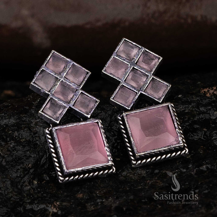 Pink Square Oxidised Earrings Navarathiri Special Elegance Sasitrends Online
