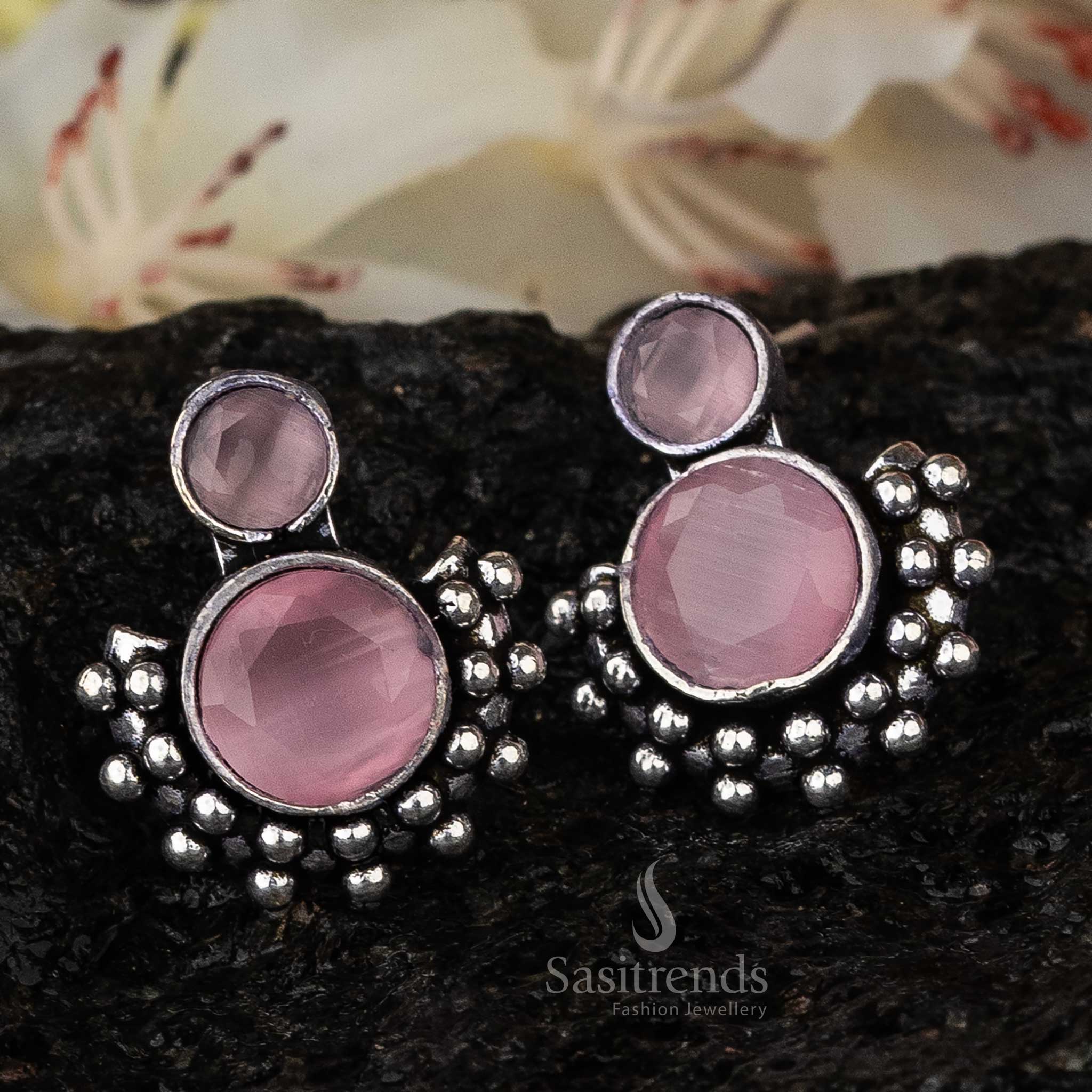 Elegant Pink Stone Oxidised Earrings for Navarathiri Celebrations - Sasitrends