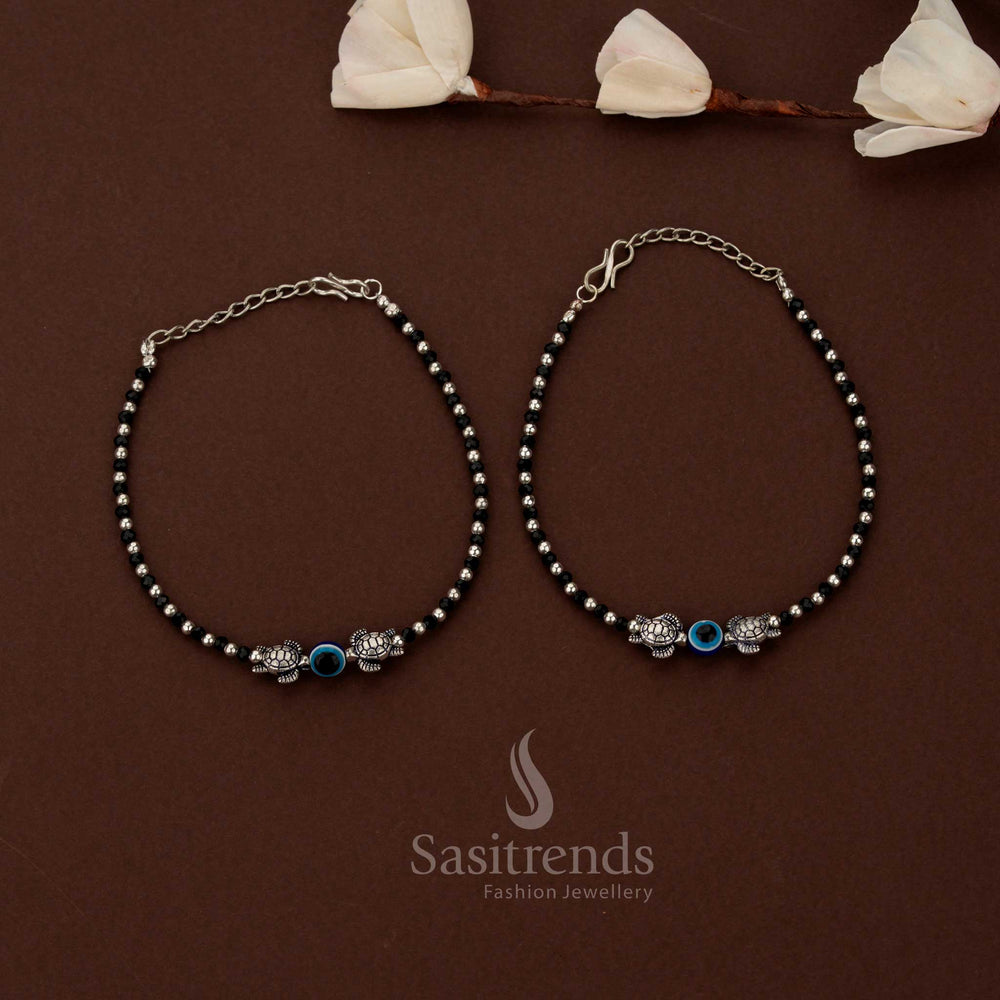 Sasitrends premium oxidised beaded turtle motif anklet with blue eye center charm symbolic detailing