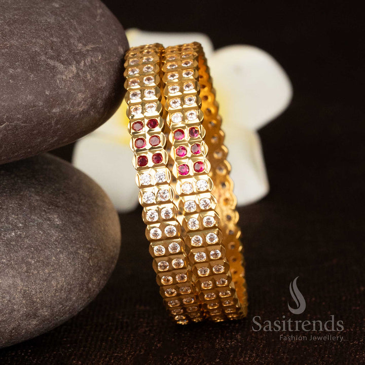 Impon Micro Gold Plated Segmented Block Bangle with Double-Row AD Stones for Festive Wear