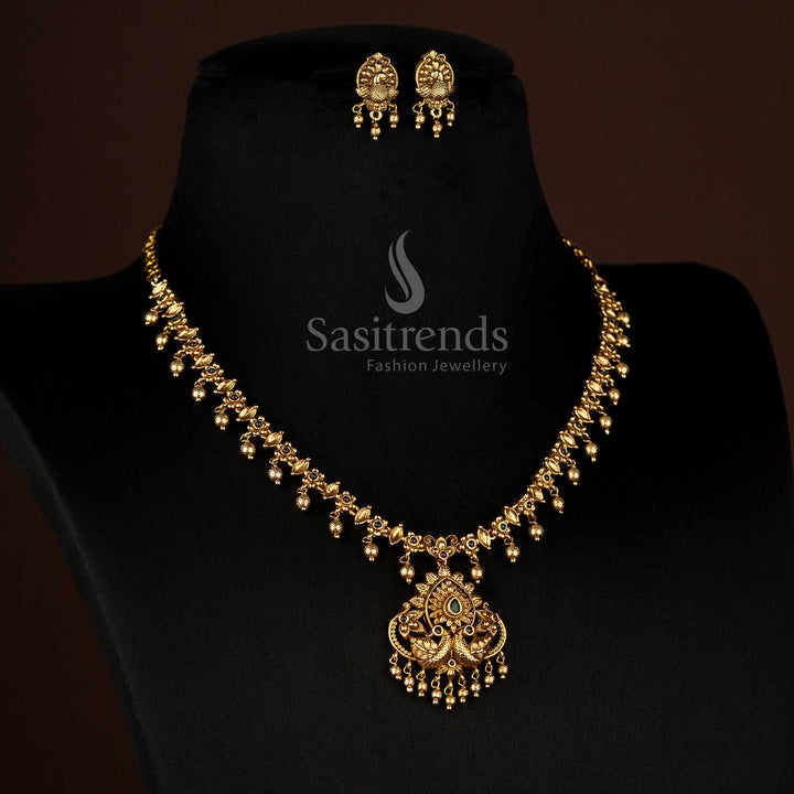 Premium Matte Gold Plated Dual Peacock with Floral Pendant Necklace Jewellery Set for Wedding & Festive Wear