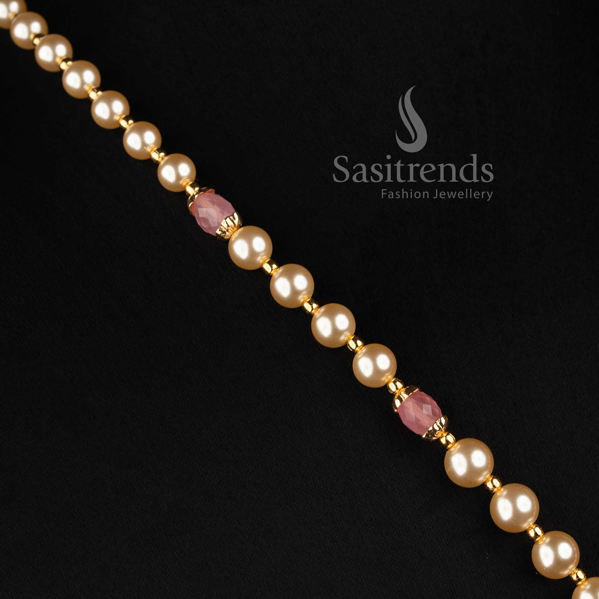 Premium Micro Gold Plated Pearl Strand American Diamond Square Motif Necklace Jewellery Set with Drop Design | Festive Wear