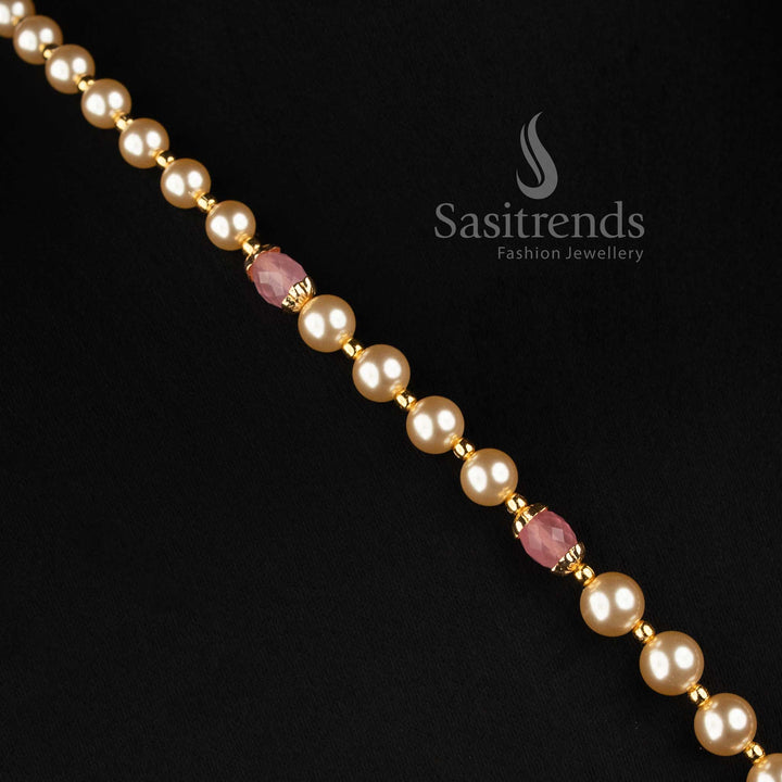 Premium Micro Gold Plated Pearl Strand American Diamond Square Motif Necklace Jewellery Set with Drop Design | Festive Wear