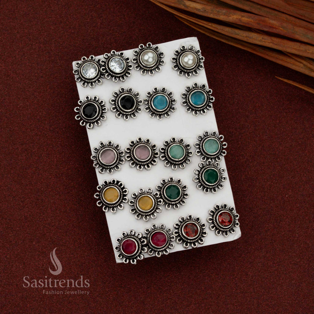Sasitrends oxidised round stone stud earrings with floral loop frame design