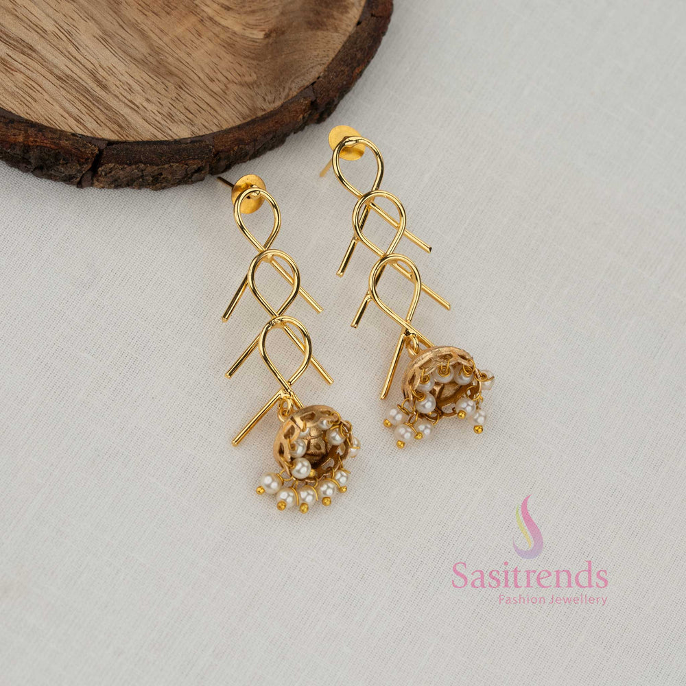 Sasitrends girls gold plated statement jhumka earrings with modern geometric design and pearl details