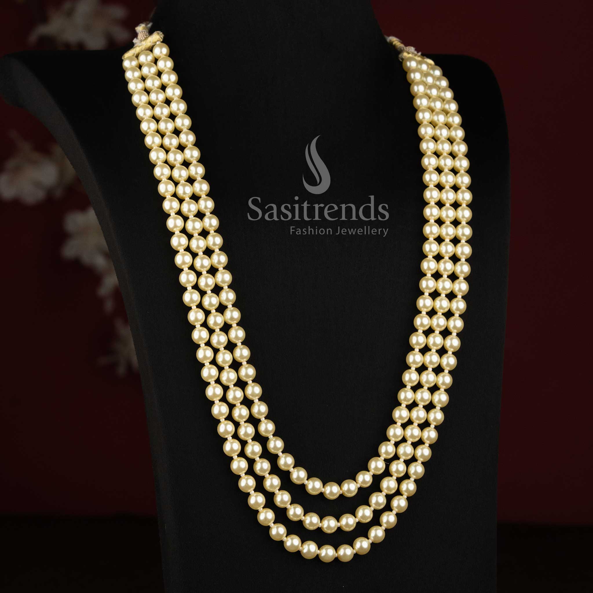 Premium shell pearl long necklace set with elegant layered pearl strands, traditional statement jewellery for weddings, receptions and grand functions - Sasitrends
