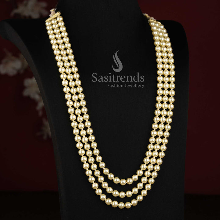 Premium shell pearl long necklace set with elegant layered pearl strands, traditional statement jewellery for weddings, receptions and grand functions - Sasitrends
